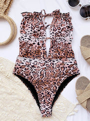 Sexy Leopard Print Lace-Up One-Piece Swimwear