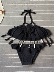 Hand-Knitted Tassels Skeleton Split Bikini Swimsuit