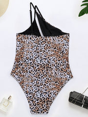 One-Shoulder Sexy Leopard Print Hollow Tight One-Piece Swimwear