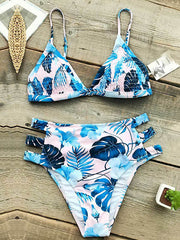 Floral-Print Hollow Triangles Split Bikini Swimsuit