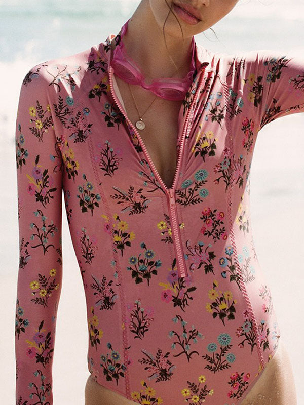 Floral Printed Long Sleeves One Piece Wetsuit