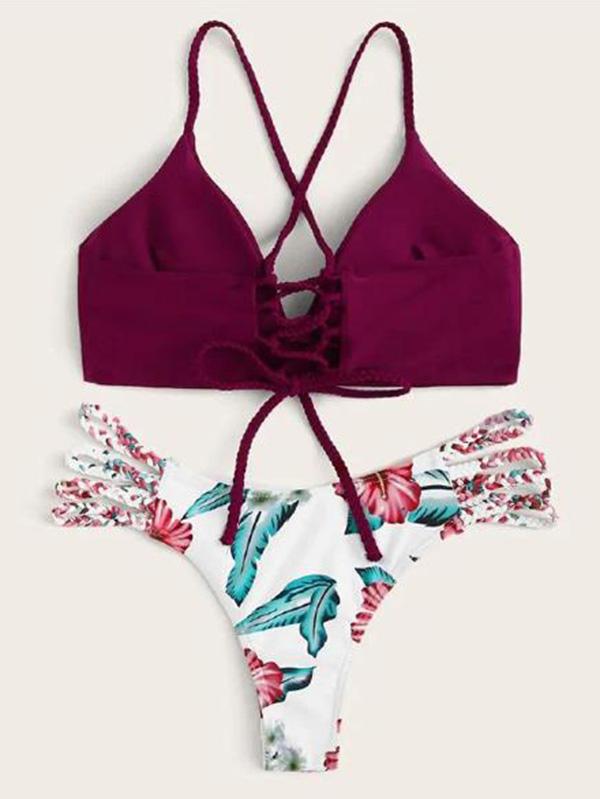 Floral-Print Color-Block Bandage Split Bikini Swimsuit