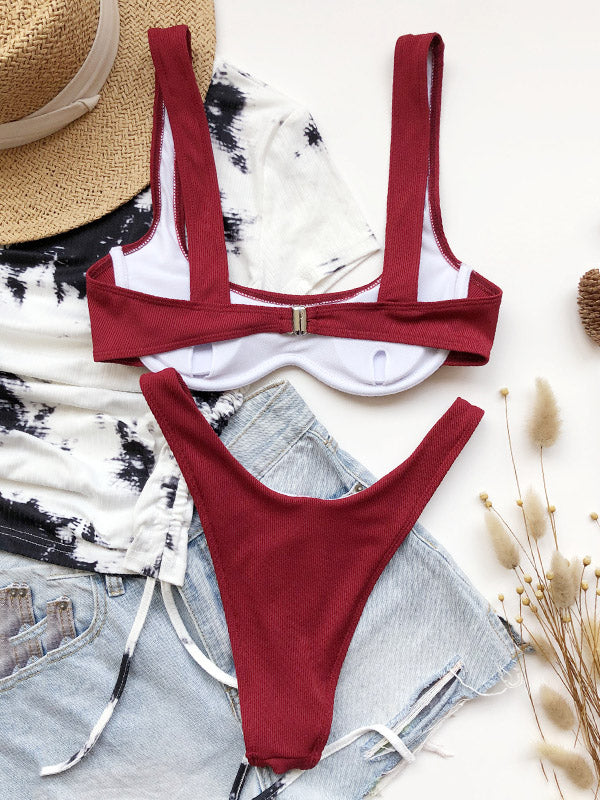 Spaghetti-Neck Solid Color Underwired Bralette Hipster Bikini Swimwear