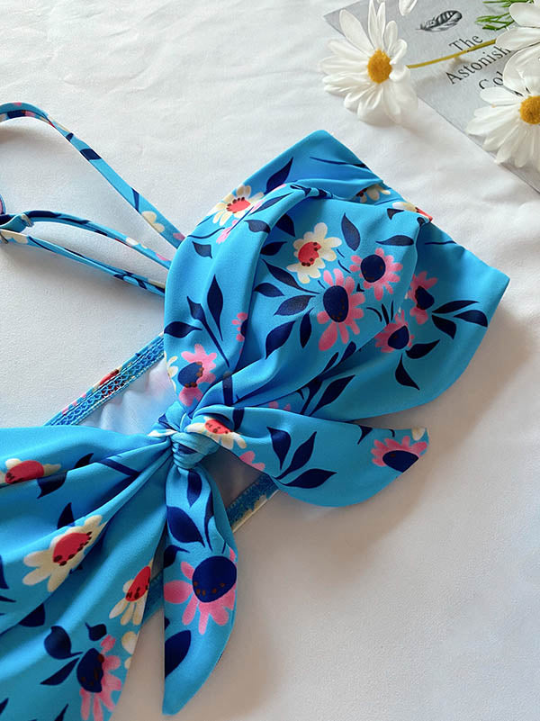 Floral Print Bowknot Split Three-Pieces Bikini Swimsuit