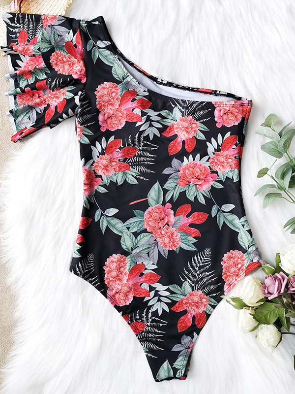 One-Shoulder Floral One-Piece Swimsuit