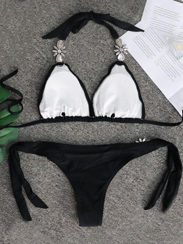 Gorgeous Embellished Knotted Triangles Split Bikini Swimsuit