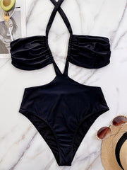 Solid Color Monokini Halterneck Hollow Backless One-Piece Swimwear