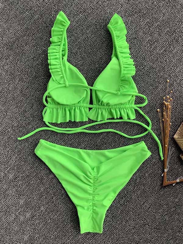 Solid Color Ruffled Triangles Split Bikini Swimsuit