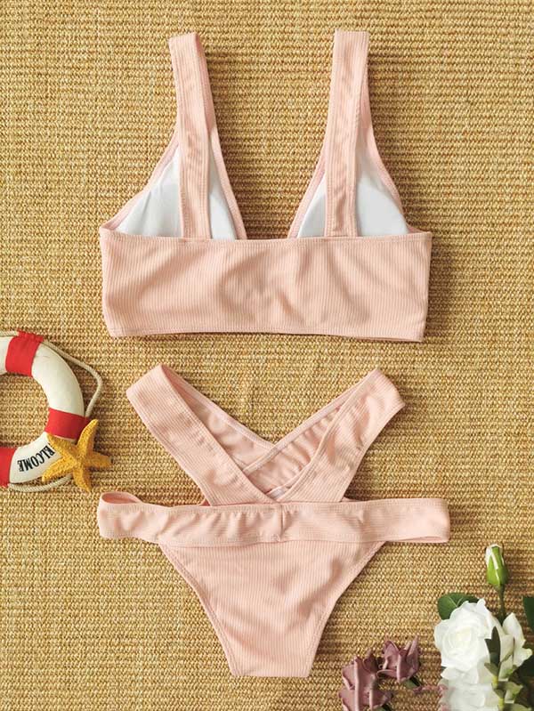 Solid Color V-Neck Crossed Bikini Swimsuit