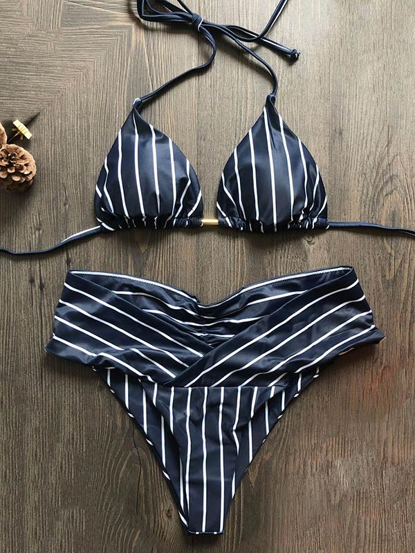 Striped Split-Joint Triangles Halterneck Split Bikini Swimsuit