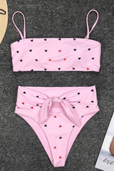 High Waisted Knotted Hearts Printed Bandeau Bikini Swimsuit - Two Piece Set