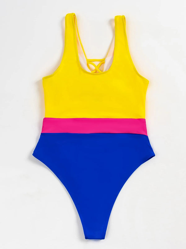 Hollow Color-Block Sleeveless High-Waisted One-Piece Swiwmear