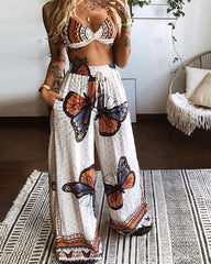 Butterfly Graphic Print Crop Top & Wide Leg Pants Set