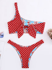 One-Shoulder Knotted Polka Dot Bikini Swimwear