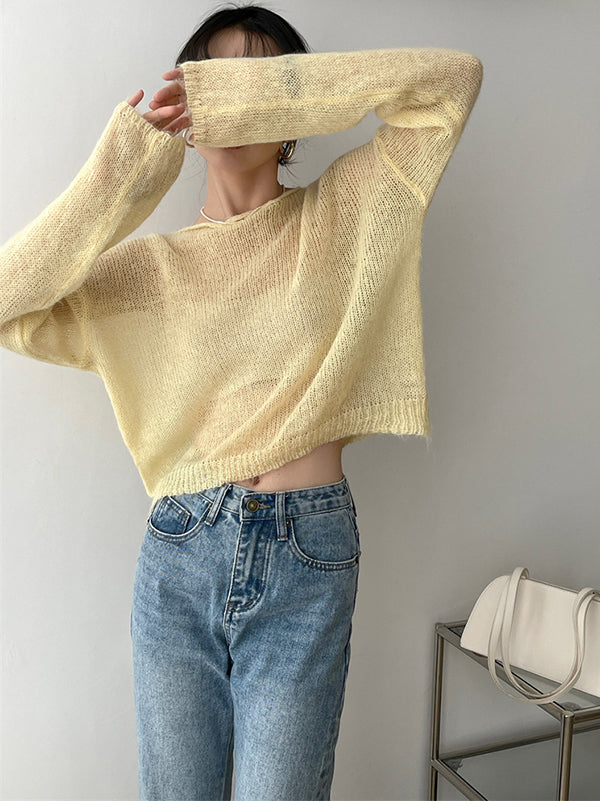 Gentle Mohair Knitted Loose Long Sleeves Solid Color Thin Sweater Tops