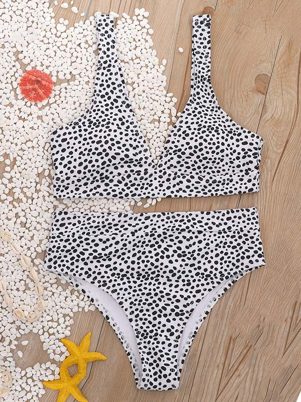 Polka-Dot Printed Deep V-Neck Split Bikini Swimsuit