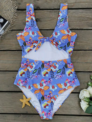 Sleeveless Floral Bow-Knot Hollow One-Piece Swimwear