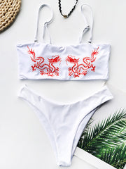 Chinese Style Printing Bandeau Spaghetti-Neck Split Bikini Swimsuit