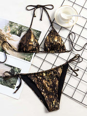 Halterneck Crocodile-Print Triangles Tie Side Bikini Swimwear