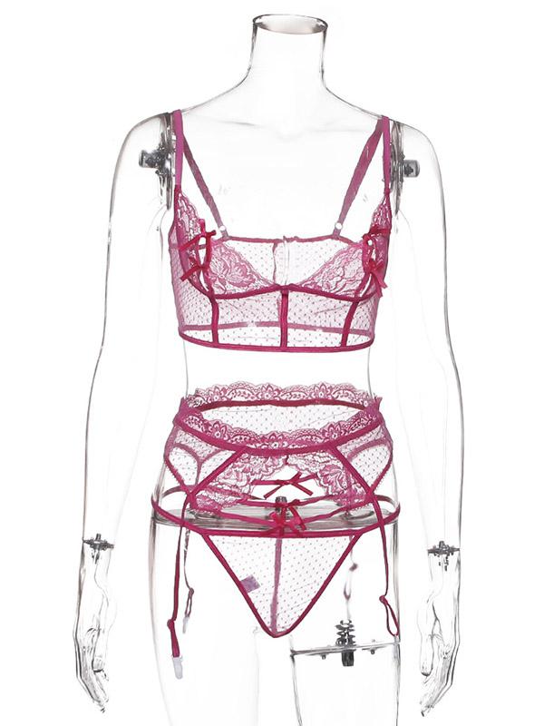 Dreiteiliges Dessous-Set mit Spitzenschleife und Schlitz 