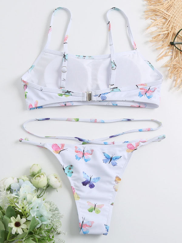 Floral-Print Bandage Split Bikini Swimsuit