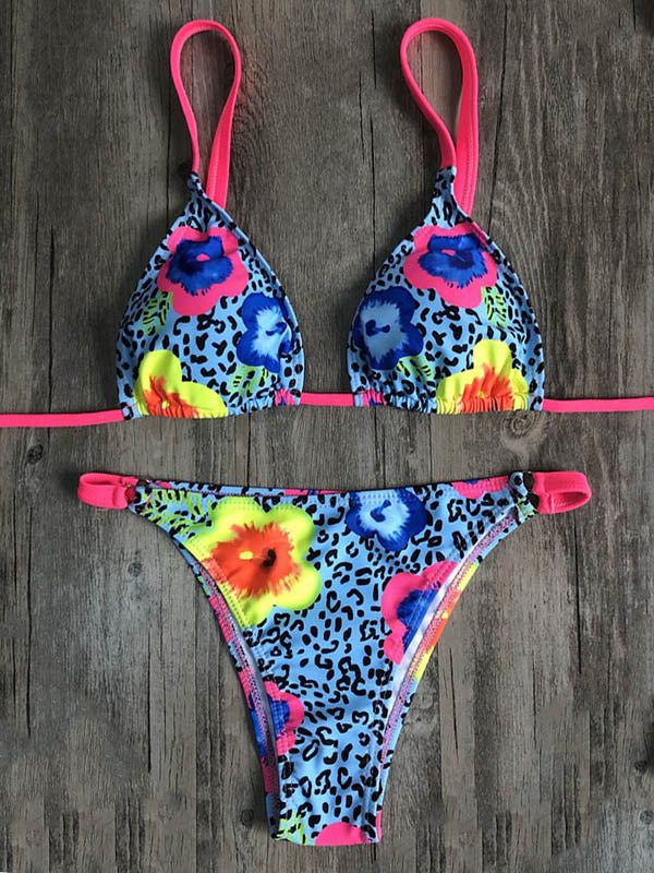 Floral Printed Triangles Bandage Split Bikini Swimsuit