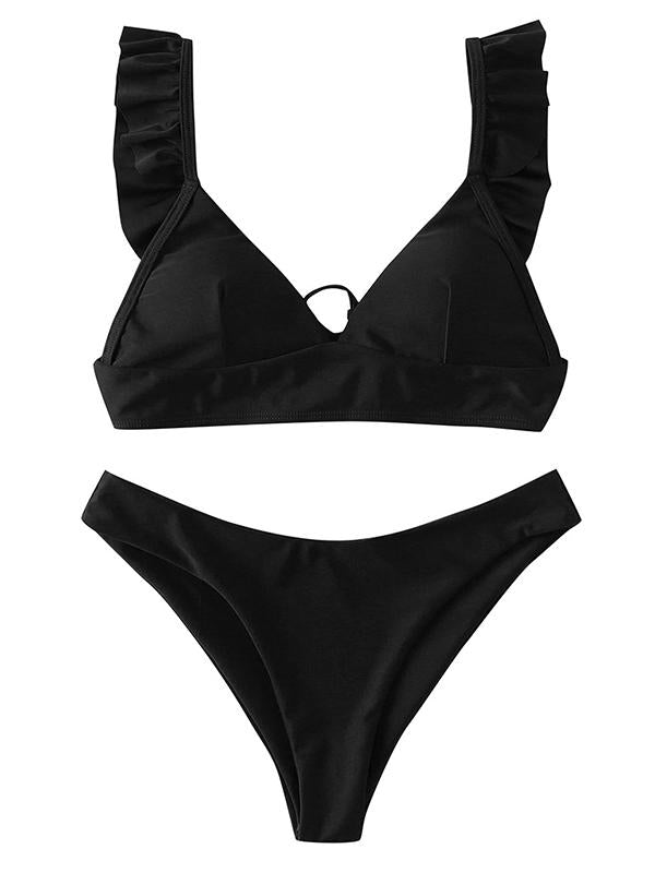 Bikini-Badeanzug mit Blumenmuster, Farbblock, ausgestellten Ärmeln, Bandage und Schlitz 