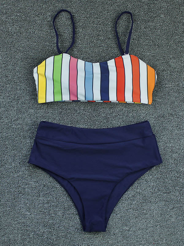 Striped Floral-Print Color-Block Split Bikini Swimsuit