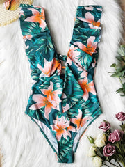 Floral Falbala Backless  One-Piece Swimsuit