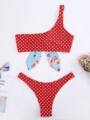 One-Shoulder Knotted Polka Dot Bikini Swimwear