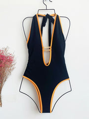 Solid Color Deep V-Neck Split-Joint One-Piece Swimwear