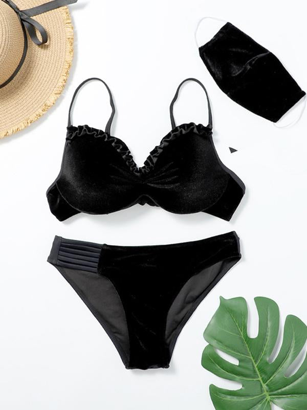 Velvet Ruffled Split Bikini Swimsuit