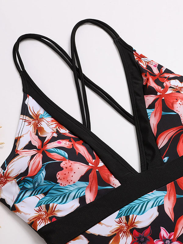 Floral-Print V-Neck Backless Tight One-Piece Swimwear