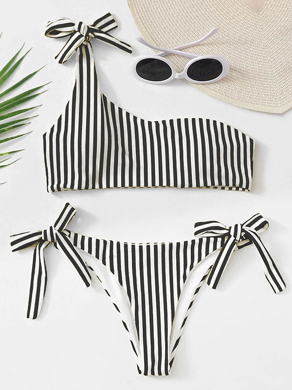 Striped One-Shoulder Knotted Split Bikini Swimsuit