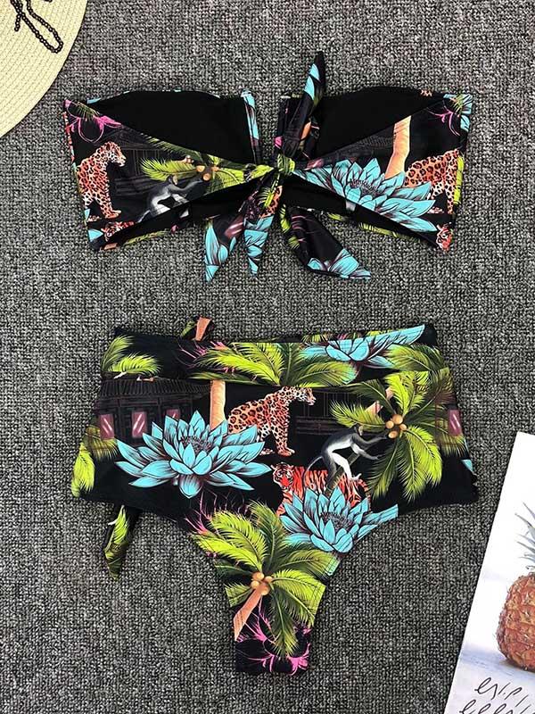 Sexy V-Neck Knotted Printing Split Type Bikini Swimsuit