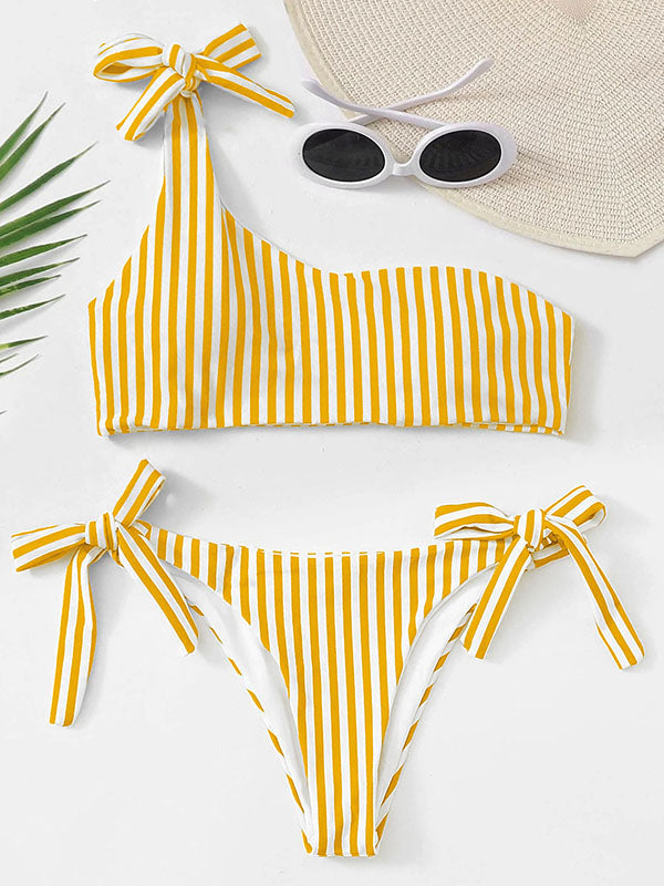 Striped One-Shoulder Knotted Split Bikini Swimsuit