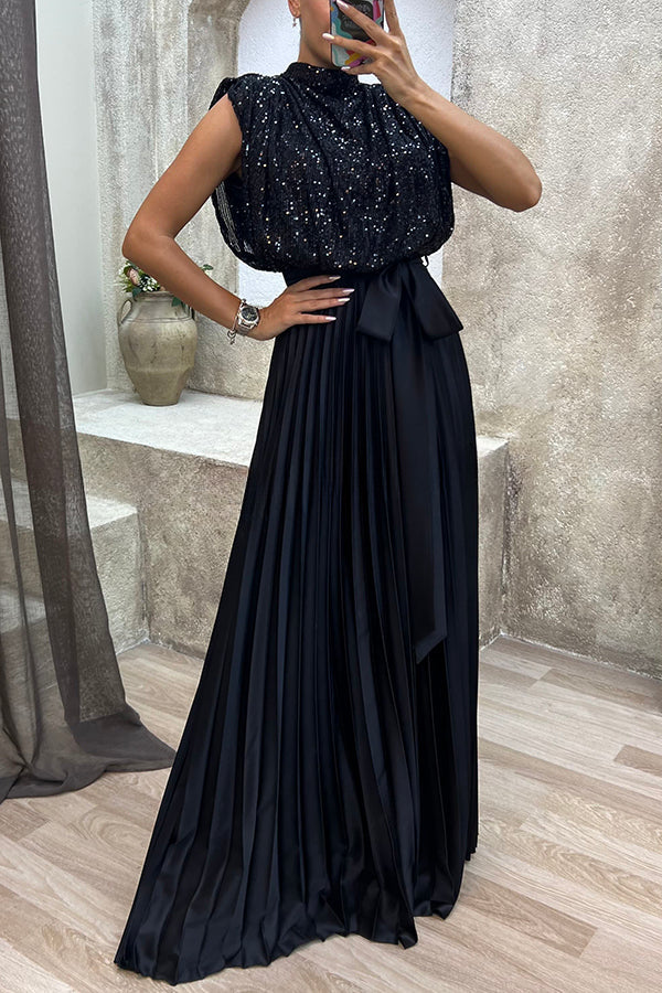 See You At The Party Sequin Patchwork Belt Pleated Maxi Dress