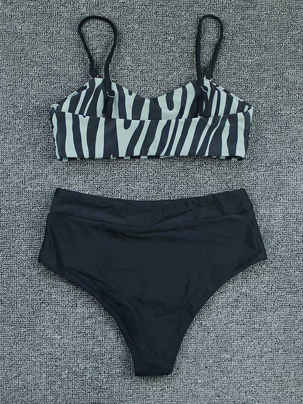 Striped Floral-Print Color-Block Split Bikini Swimsuit