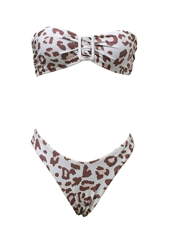 Floral-Print Bowknot Bandeau Split Bikini Swimsuit