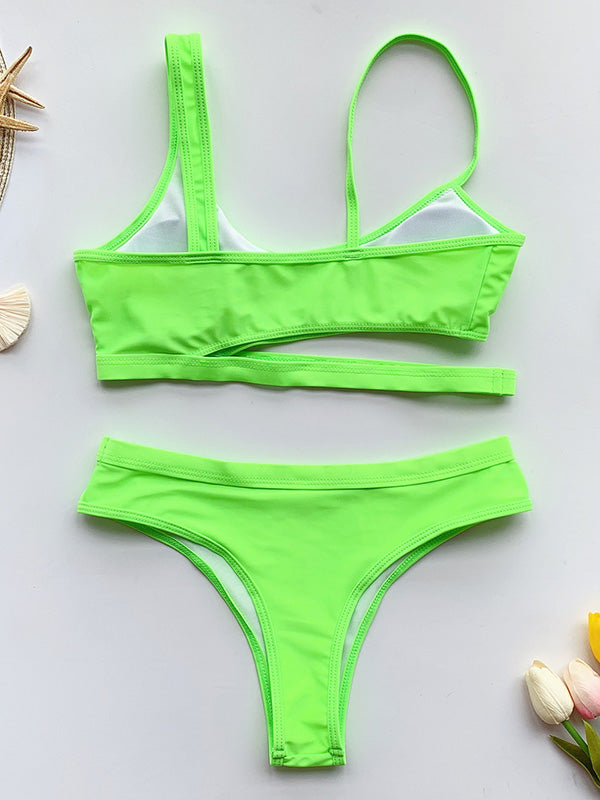 Solid Color Asymmetric Cropped Split Bikini Swimsuit