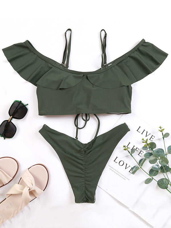 Solid Color Off-The-Shoulder Flared Sleeves Split Bikini Swimsuit