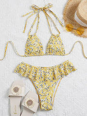 Floral-Print Falbala Triangles Split Bikini Swimsuit