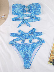 Floral-Print Split-Joint Bandeau Sexy Bikini Swimwear