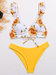 Floral-Print Color-Block Flared Sleeves Bandage Split Bikini Swimsuit