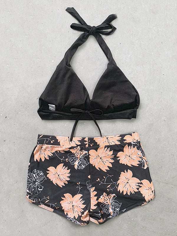 Floral-Print Color-Block Shorts V-Neck One-Piece Swimwear