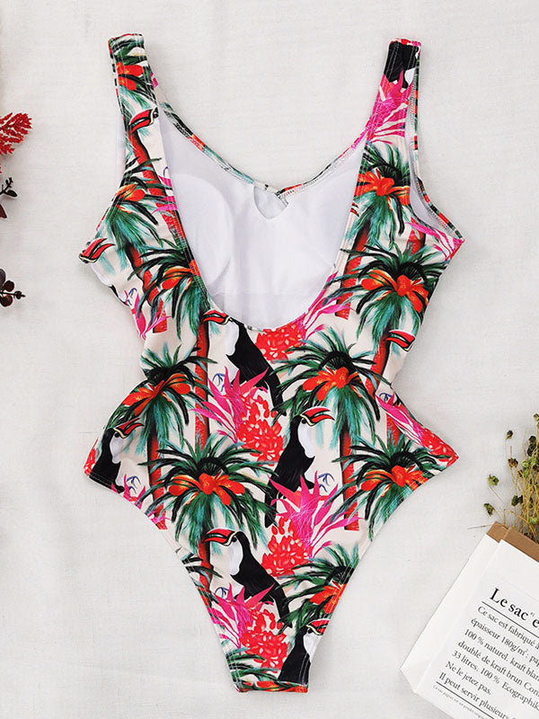 Ruffled Floral V-Neck One-Piece Swimwear