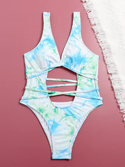 Gradient Floral-Print Bandage Split Bikini Swimsuit