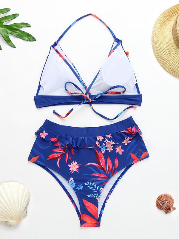 Floral-Print Split-Joint V-Neck Split Bikini Swimsuit