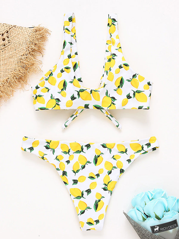 Floral-Print Color-Block Knotted Split Bikini Swimsuit