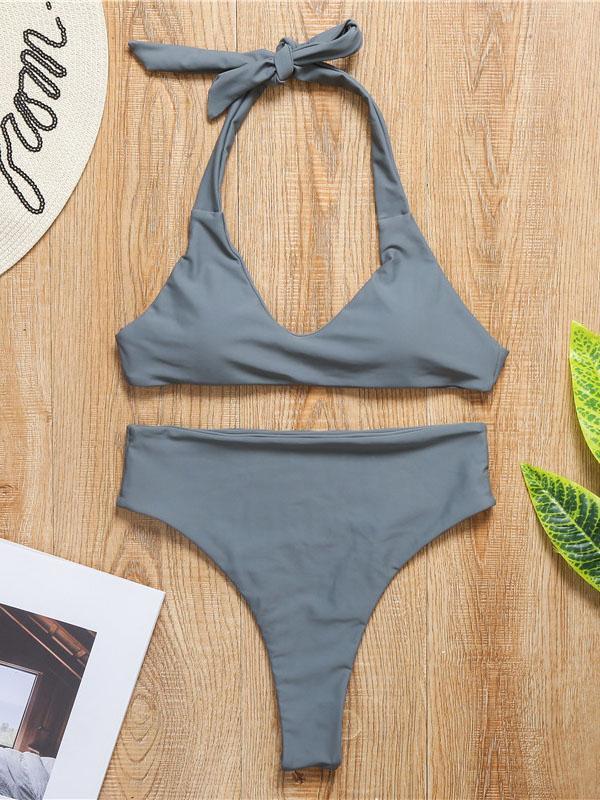 Popular Solid Color Sexy Halterneck Split Bikini Swimsuit